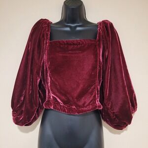 Free People Velvet Puff Sleeve Square Neck Smocked Back Crop Top Burgundy M goth